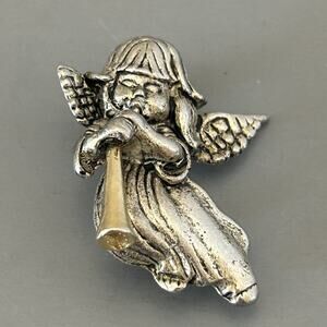 Vintage Pewter CHERUB ANGEL BLOWING TRUMPET HORN Brooch Pin Silver Gold Tone